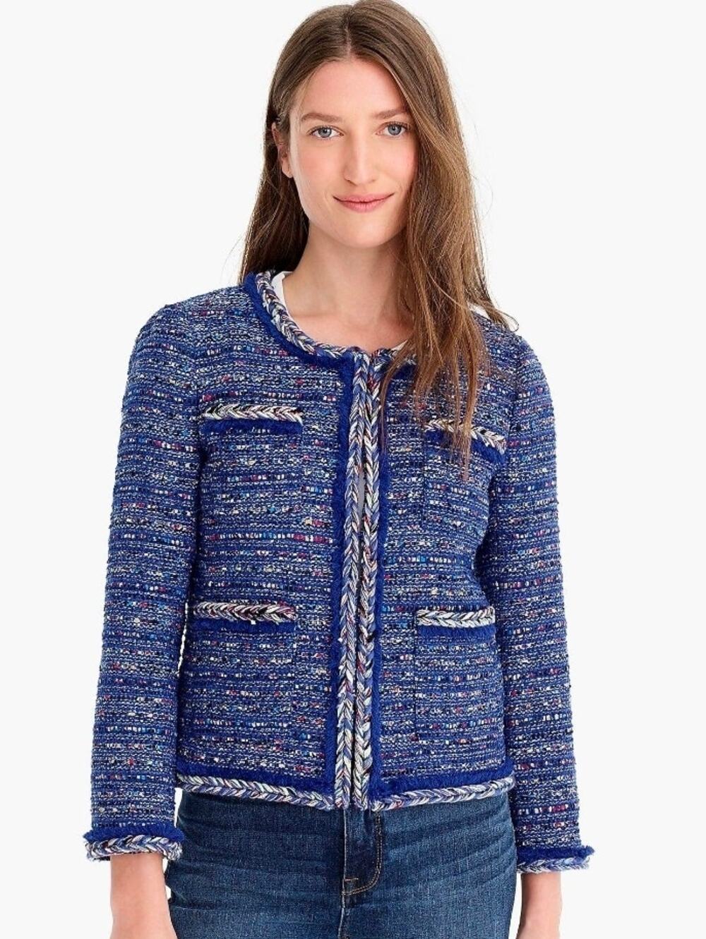 J.Crew Blue Lady Jacket In Multicolor Cobalt Tweed With Braided Trim sz 4